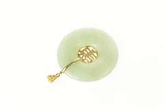 14K Yellow Gold Chinese Symbol Happiness Carved Jade Circle Pendant