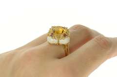 14K Yellow Gold Scalloped White Ceramic Citrine Garnet Cocktail Ring