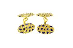 18K Yellow Gold Retro 1960's Textured Nugget Blue Enamel Cuff Links