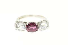 14K White Gold Three Stone Cubic Zirconia Purple Tourmaline Ring