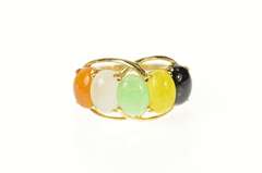 14K Yellow Gold Five Stone Oval Jade Retro Statement Ring