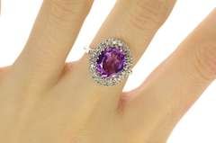 14K White Gold Oval Amethyst Diamond Halo Cocktail Ring