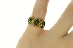 14K Yellow Gold Retro Three Stone Nephrite Cabochon Ornate Ring