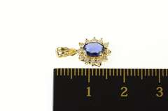 14K Yellow Gold Oval Natural Sapphire Diamond Halo Classic Pendant
