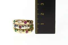 14K Yellow Gold Tiered Tri Tone Ruby Sapphire Emerald Diamond Ring