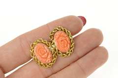 14K Yellow Gold Carved Coral Flower Rose Retro Ornate Cuff Links