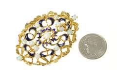 14K Yellow Gold Ornate Victorian Opal Blue Enamel Elaborate Pin/Brooch