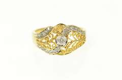 14K Yellow Gold Diamond Ornate Filigree Swirl Engagement Ring