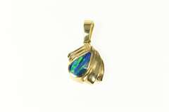 14K Yellow Gold Pear Black Opal Inlay Grooved Statement Pendant