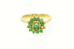 18K Yellow Gold Natural Emerald Halo Retro Statement Cocktail Ring