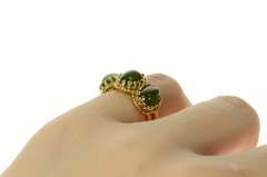 14K Yellow Gold Retro Three Stone Nephrite Cabochon Ornate Ring