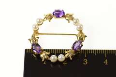 14K Yellow Gold Amethyst Pearl Ornate Floral Round Wreath Pin/Brooch