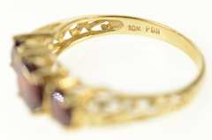 10K Yellow Gold Three Stone Garnet Heart Scroll Filigree Ring
