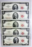 (5) Gem Crisp 1963 $2 Red Seal Notes-Consecutive Serial Numbers Nice Notes!
