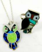 Sterling Enamel & Gemstone Owl Necklace & Ring