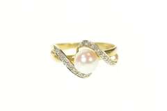 14K Yellow Gold Pearl Diamond Wavy Accent Statement Ring