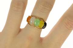 14K Yellow Gold Five Stone Oval Jade Retro Statement Ring