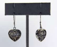 Vintage Sterling Silver Filigree Heart Dangle Earrings