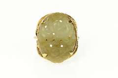 14K Yellow Gold Carved Floral Ornate Jade Retro Cocktail Ring