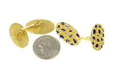 18K Yellow Gold Retro 1960's Textured Nugget Blue Enamel Cuff Links