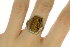 10K White Gold Art Deco Etched Tiger's Eye Soldier Cameo Ring