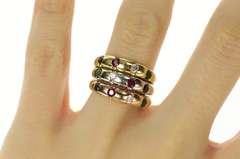 14K Yellow Gold Tiered Tri Tone Ruby Sapphire Emerald Diamond Ring