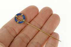 14K Yellow Gold Victorian Blue Enamel Seed Pearl Circle Stick Pin