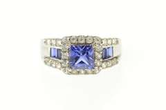 10K White Gold Princess Syn. Sapphire Diamond Halo Statement Ring