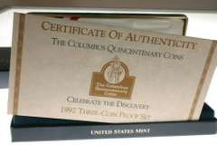 1992 Columbus 3-Coin Proof Set with $5 Gold Piece. COA