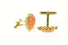 14K Yellow Gold Carved Coral Flower Rose Retro Ornate Cuff Links