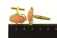 14K Yellow Gold Carved Coral Flower Rose Retro Ornate Cuff Links