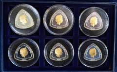 Bermuda $3 Shipwrecks Set of 6 Triangular Silver Proof Gilded coins