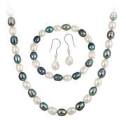Sterling Silver Freshwater Cultured Multi Color Pearl Necklace, Bracelet Earring Jewelry Set