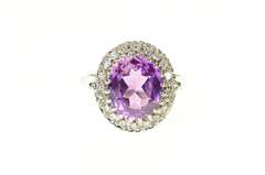 14K White Gold Oval Amethyst Diamond Halo Cocktail Ring