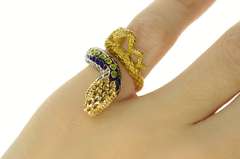 18K Yellow Gold Green Blue Enamel Victorian Snake Serpent Ring