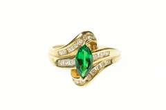 10K Yellow Gold Marquise Emerald Diamond Bypass Statement Ring