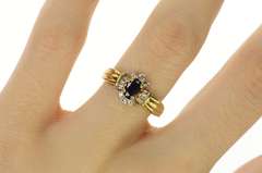 10K Yellow Gold Oval Sapphire Baguette Diamond Halo Ring