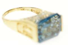 10K Yellow Gold Blue Topaz Diamond Raised Fleur De Lis Ring