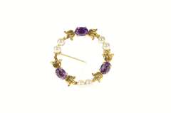 14K Yellow Gold Amethyst Pearl Ornate Floral Round Wreath Pin/Brooch