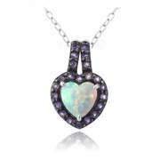 Sterling Silver Created White Opal & Amethyst Heart Drop Pendant