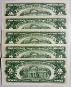 (5) Gem Crisp 1963 $2 Red Seal Notes-Consecutive Serial Numbers Nice Notes!