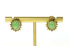 14K Yellow Gold Victorian Ornate Oval Jade Cabochon Stud Earrings