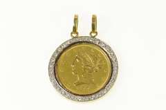18K Yellow Gold 1899 Liberty Head Half Eagle $5 Coin Diamond Pendant