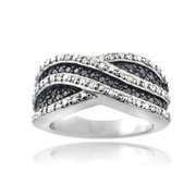 Sterling Silver 1/2ct Black & White Diamond Crossover Wave Band Ring
