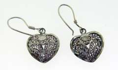 Vintage Sterling Silver Filigree Heart Dangle Earrings