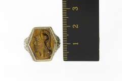 10K White Gold Art Deco Etched Tiger's Eye Soldier Cameo Ring