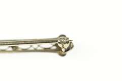 14K Yellow Gold Art Deco Ornate Filigree Diamond Pearl Bar Pin/Brooch