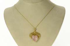 14K Yellow Gold Victorian Rose Quartz Heart Ornate Floral Pendant
