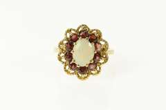 14K Yellow Gold Oval Opal Garnet Halo Statement Cocktail Ring