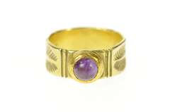 18K Yellow Gold Ornate Retro Amethyst Leaf Etched Ring